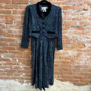 Karin Stevens Petite Black Purple Green Paisley Jacket & Dress Set Women’s 4